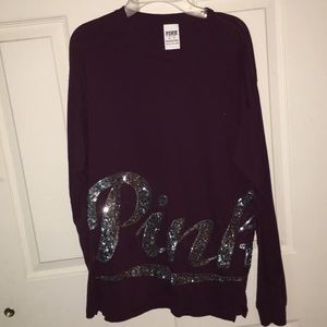 Maroon, long sleeve shirt with Pink logo